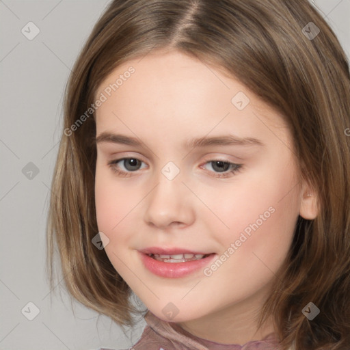 Joyful white child female with medium  brown hair and brown eyes