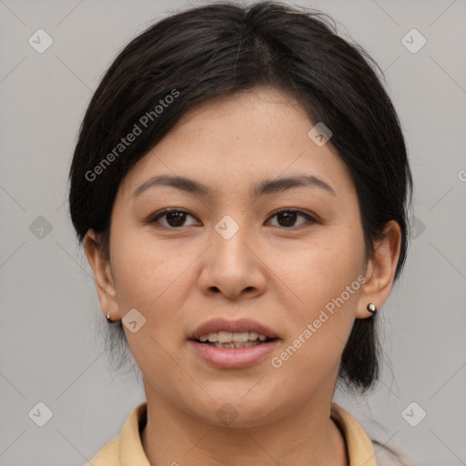 Joyful asian young-adult female with medium  brown hair and brown eyes