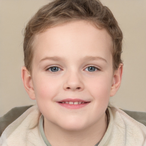 Joyful white child female with short  brown hair and grey eyes