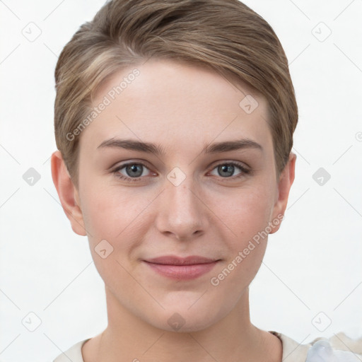 Joyful white young-adult female with short  brown hair and grey eyes