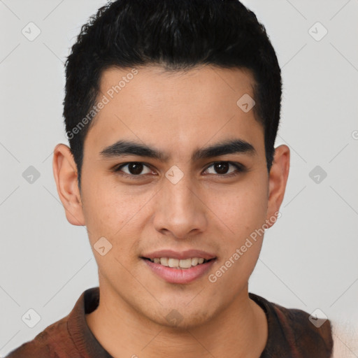 Joyful latino young-adult male with short  black hair and brown eyes