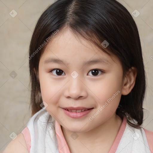 Joyful white child female with medium  brown hair and brown eyes