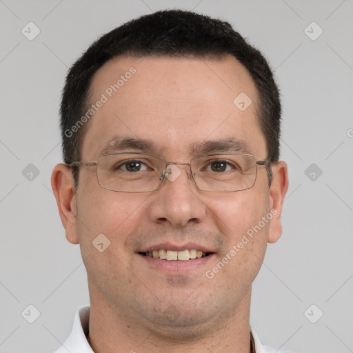 Joyful white adult male with short  brown hair and brown eyes