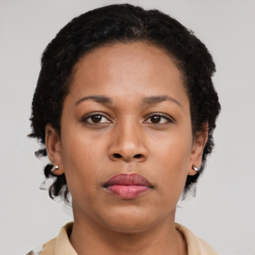 Neutral latino adult female with short  brown hair and brown eyes