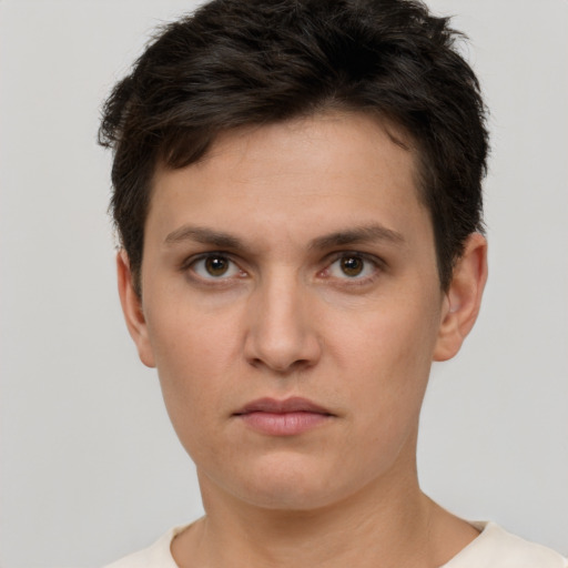 Neutral white young-adult male with short  brown hair and brown eyes