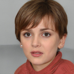 Neutral white young-adult female with short  brown hair and brown eyes