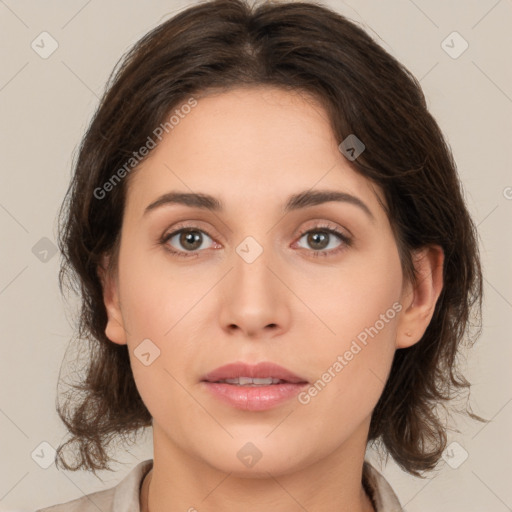 Neutral white young-adult female with medium  brown hair and brown eyes