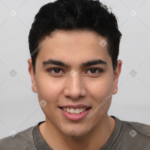 Joyful latino young-adult male with short  brown hair and brown eyes