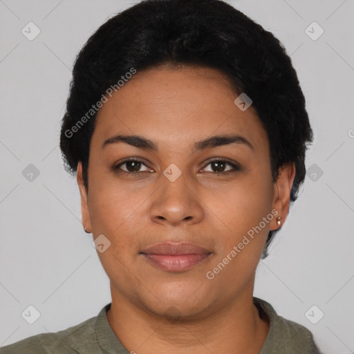 Neutral latino young-adult female with short  black hair and brown eyes