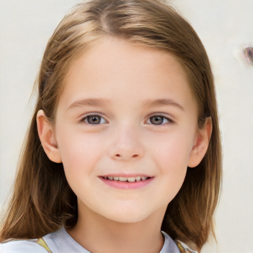 Joyful white child female with medium  brown hair and grey eyes