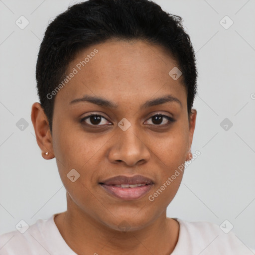 Joyful latino young-adult female with short  brown hair and brown eyes