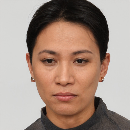 Neutral asian young-adult female with short  black hair and brown eyes