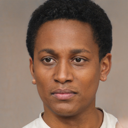 Neutral black young-adult male with short  black hair and brown eyes