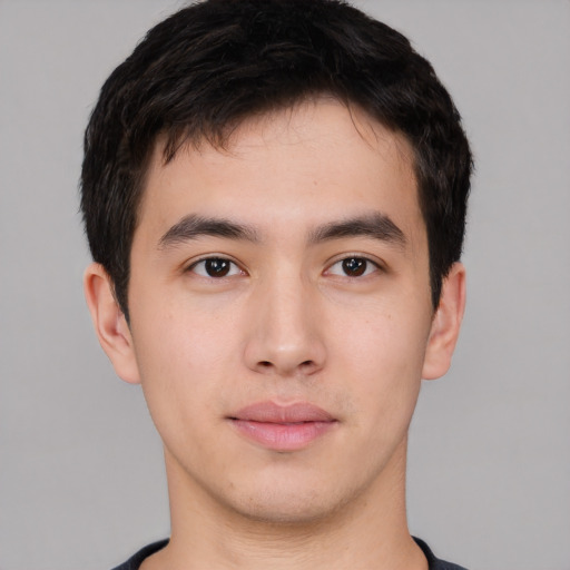 Neutral asian young-adult male with short  brown hair and brown eyes