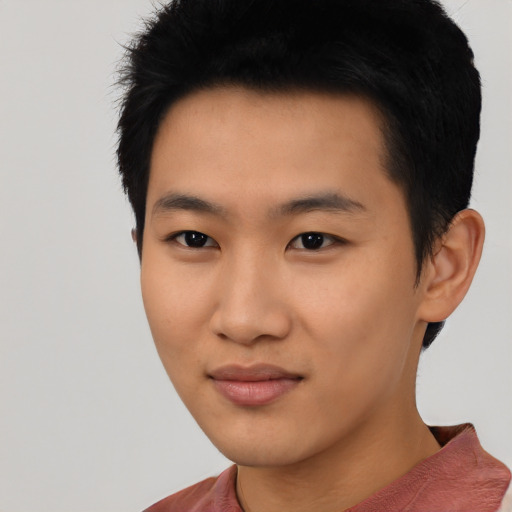 Neutral asian young-adult male with short  black hair and brown eyes