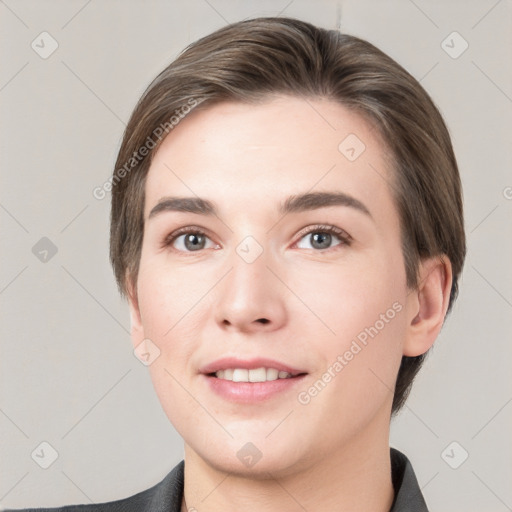 Joyful white young-adult female with medium  brown hair and grey eyes