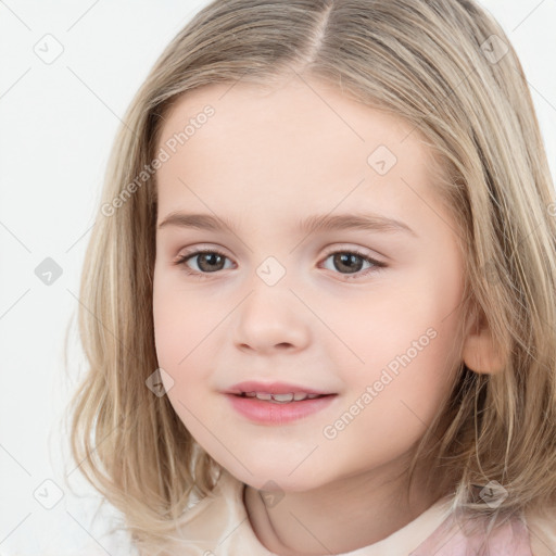 Joyful white child female with medium  brown hair and brown eyes