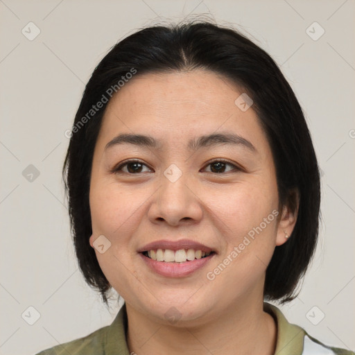 Joyful white young-adult female with medium  brown hair and brown eyes