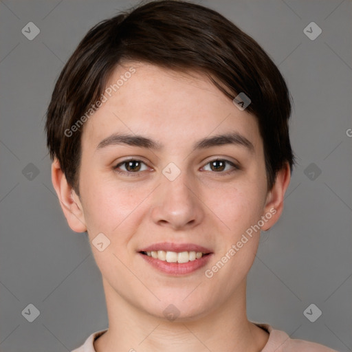 Joyful white young-adult female with short  brown hair and brown eyes