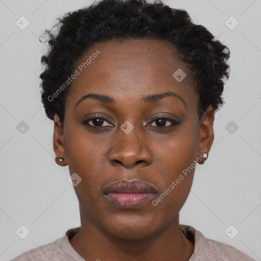 Neutral black young-adult female with short  black hair and brown eyes