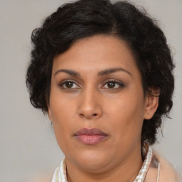 Neutral latino young-adult female with short  brown hair and brown eyes