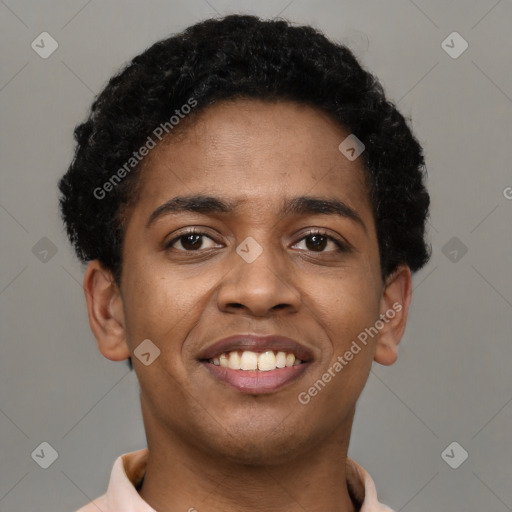 Joyful black young-adult male with short  brown hair and brown eyes