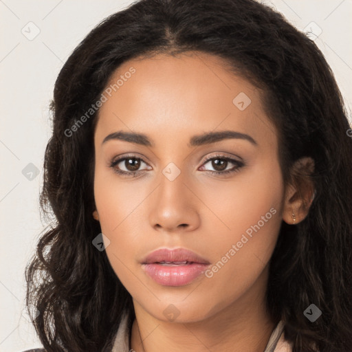 Neutral latino young-adult female with long  black hair and brown eyes