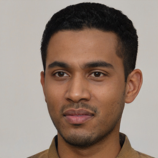 Neutral latino young-adult male with short  black hair and brown eyes