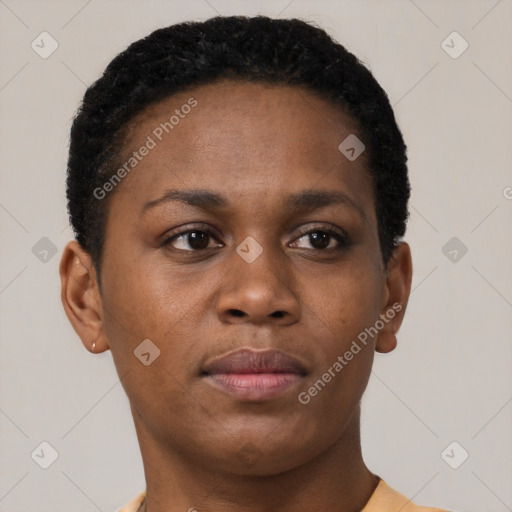 Neutral black young-adult female with short  brown hair and brown eyes