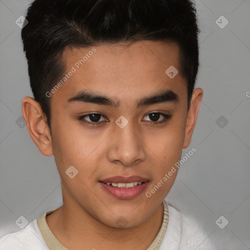 Joyful asian young-adult male with short  brown hair and brown eyes