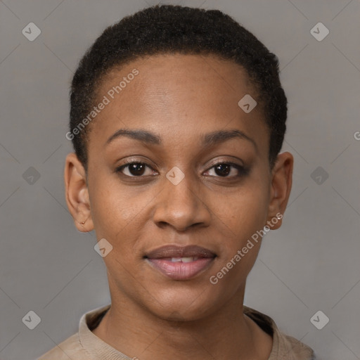 Joyful black young-adult female with short  brown hair and brown eyes