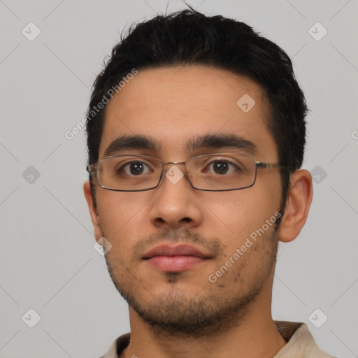 Neutral asian young-adult male with short  black hair and brown eyes