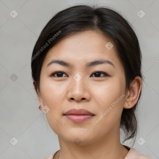 Joyful white young-adult female with medium  brown hair and brown eyes