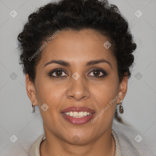 Joyful latino young-adult female with short  brown hair and brown eyes