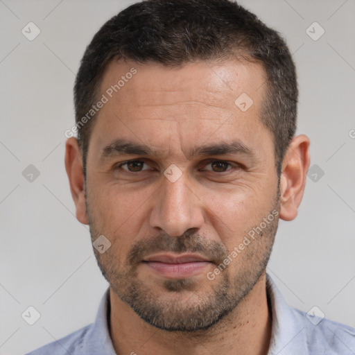 Neutral white adult male with short  brown hair and brown eyes