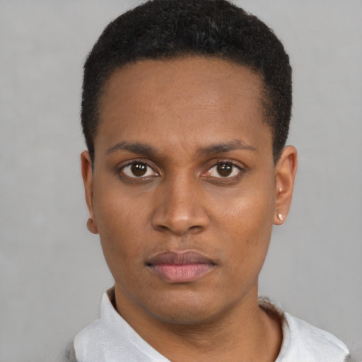 Neutral black young-adult male with short  black hair and brown eyes