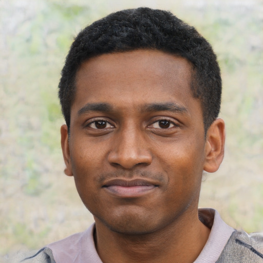 Joyful black young-adult male with short  black hair and brown eyes