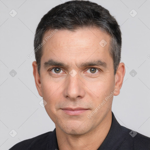 Neutral white adult male with short  black hair and brown eyes