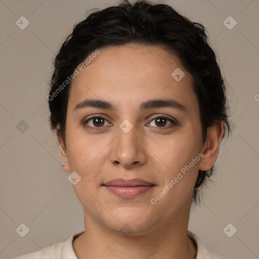 Joyful white young-adult female with short  brown hair and brown eyes