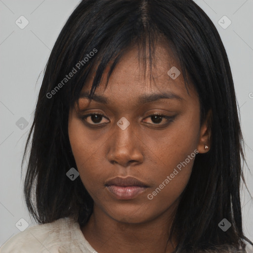 Neutral asian young-adult female with long  black hair and brown eyes