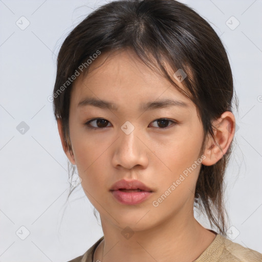 Neutral asian young-adult female with medium  brown hair and brown eyes