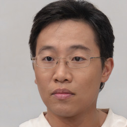 Neutral asian adult male with short  brown hair and brown eyes