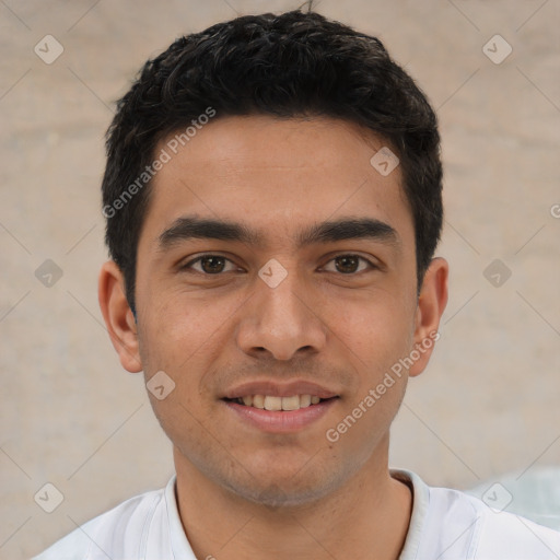 Joyful white young-adult male with short  black hair and brown eyes