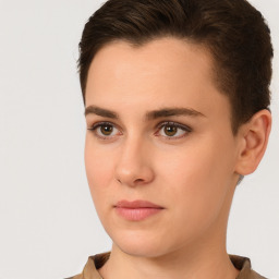 Neutral white young-adult female with short  brown hair and brown eyes