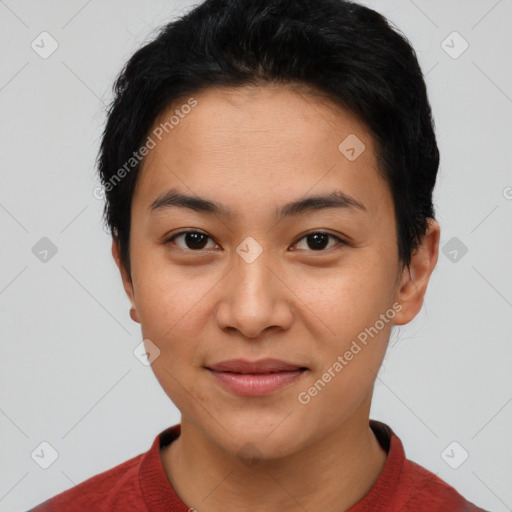 Joyful asian young-adult female with short  black hair and brown eyes