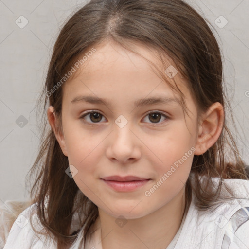 Joyful white child female with medium  brown hair and brown eyes