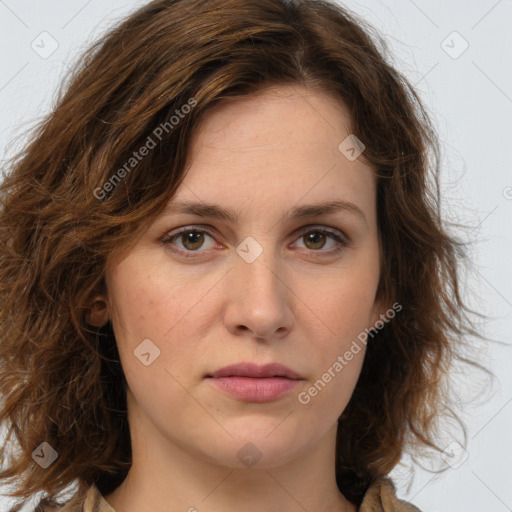 Joyful white young-adult female with medium  brown hair and green eyes