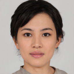 Neutral asian young-adult female with short  black hair and brown eyes