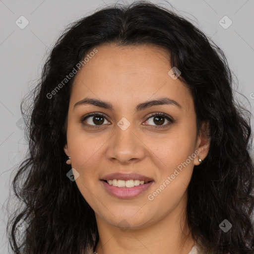 Joyful latino young-adult female with long  brown hair and brown eyes