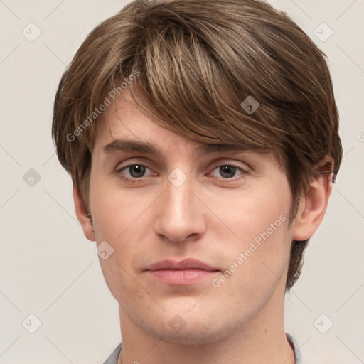 Neutral white young-adult male with short  brown hair and grey eyes